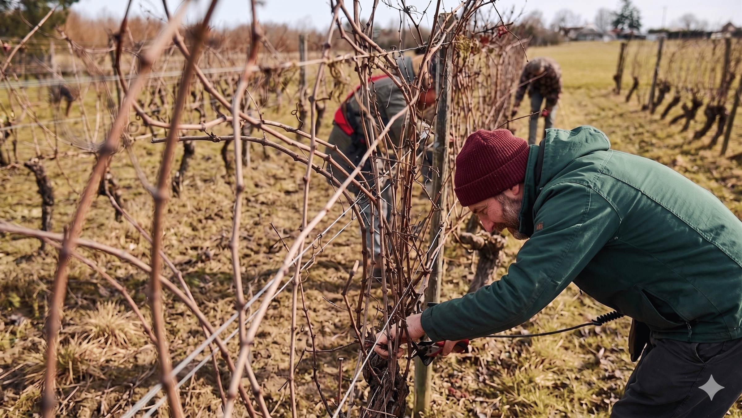 Ouvriers viticoles taillant la vigne en Guyot au sécateur, en hiver